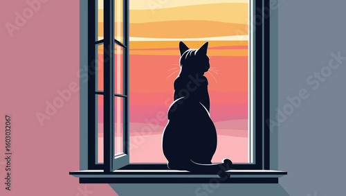 Silhouette of a cat sitting on a windowsill, gazing at colorful sunset sky in modern minimalist setting