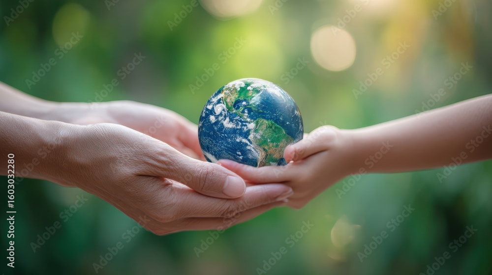 Earth globe held by adult and child hands with green background Earth globe held by adult and child hands with green background