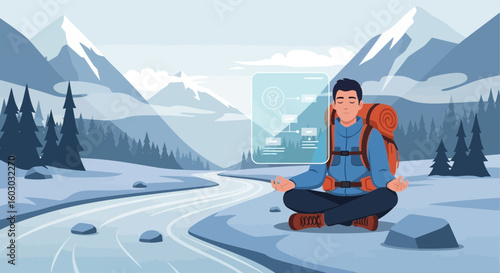 Meditative Hiker Integrating Technology With Nature In Winter Landscape