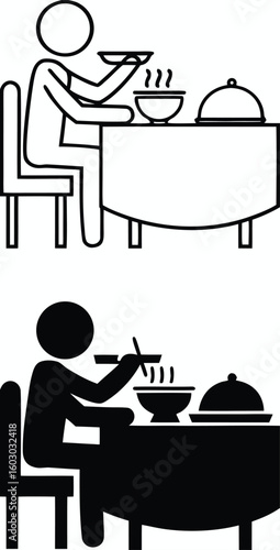 Eating Icons. Black and White Vector Icons. Man Eating Hot Soup With Spoon. Customer In Public Catering Establishment. Ready Meal On Table And Man Sitting On Chair. Restaurant Concept
