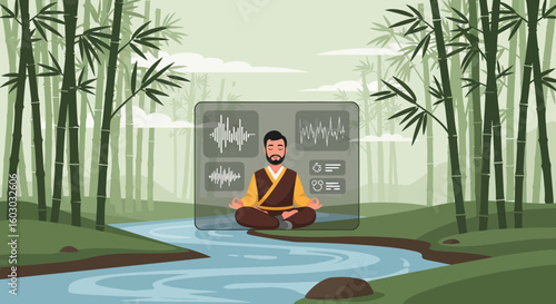Meditating Monk In Nature With Sound Waves And Spiritual Harmony