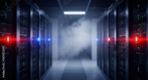 Blurred server room with glowing lights  a concept of big data and cloud computing. Modern data center for IT infrastructure.