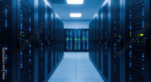 Blurred server room interior with rows of blue illuminated racks and hallway. Data center for cloud computing and hosting concept.