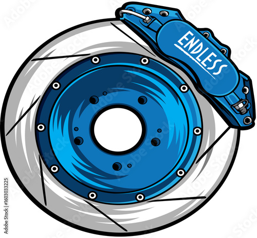 A vibrant blue and white cartoon illustration of a car brake disc and caliper