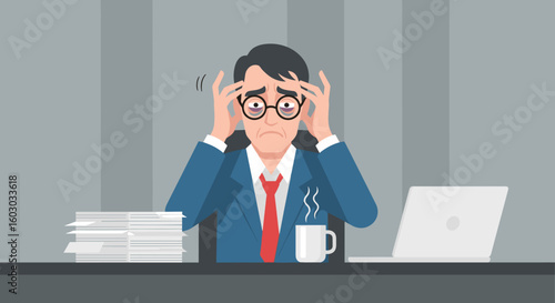 Stressed businessman at desk overwhelmed with work, office setting, flat illustration