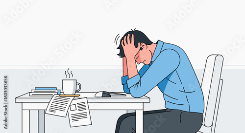 Stressed man at desk overwhelmed with work in office illustration with coffee