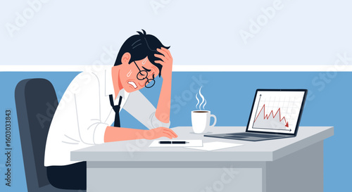 Stressed Businessman with Financial Problems Looking at a Laptop in Office Illustration