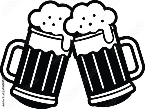 Two frothy beer mugs clinking together celebrating cheers isolated on transparent background