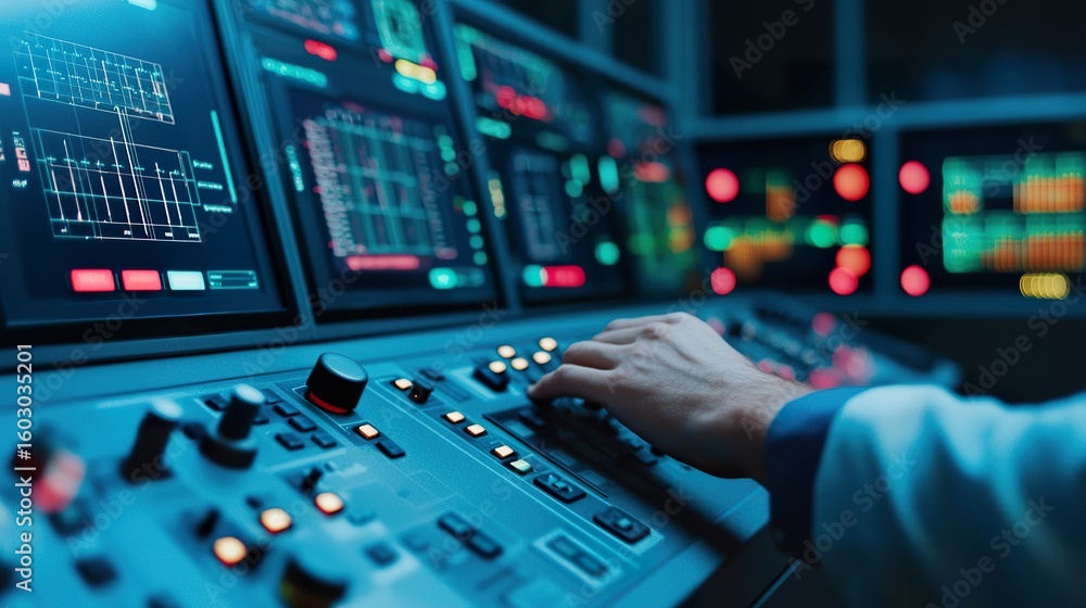Naklejka premium Person operating a complex control panel with many buttons and screens, tech