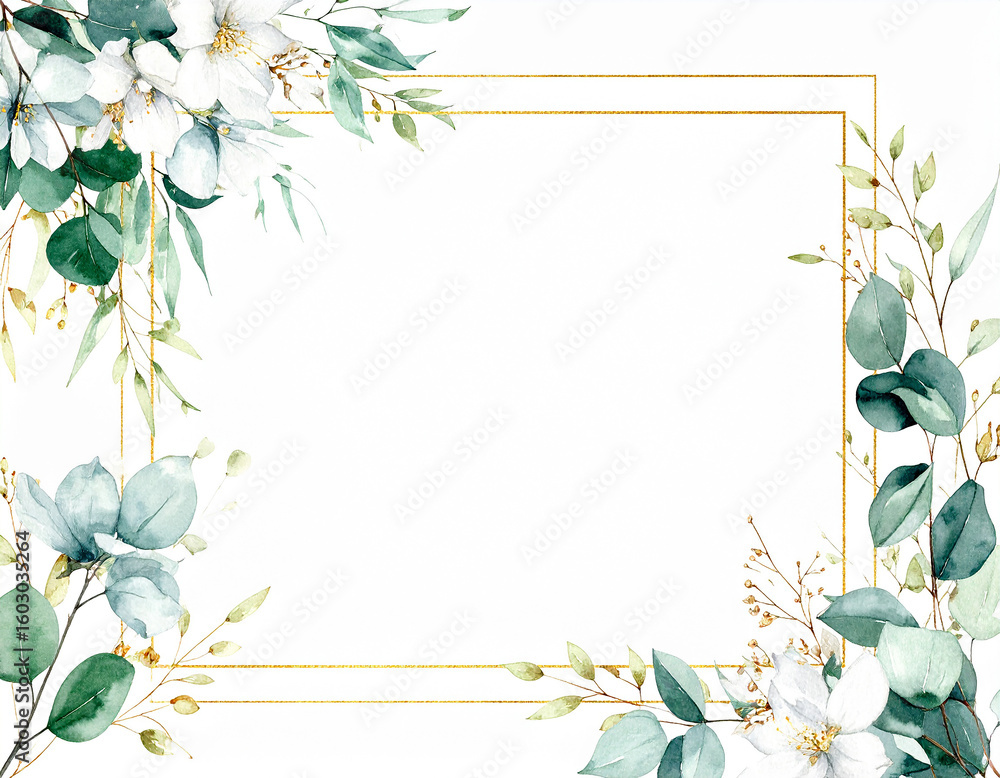 Obraz premium Watercolor floral illustration set - bouquets, frame, border. White flowers, rose, peony, gold green leaf branches collection. Wedding invites, wallpapers, fashion. flower, border, elegant, gold, 