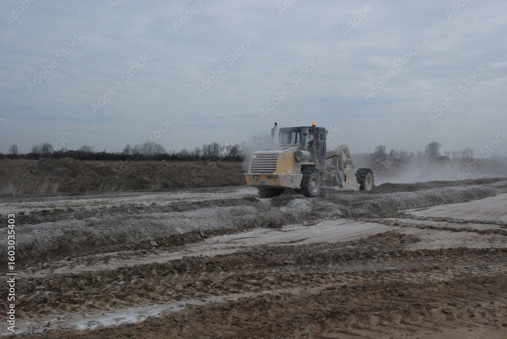 Fototapeta premium Construction of A4 Motorway with Heavy Machinery – Road Building Site.
