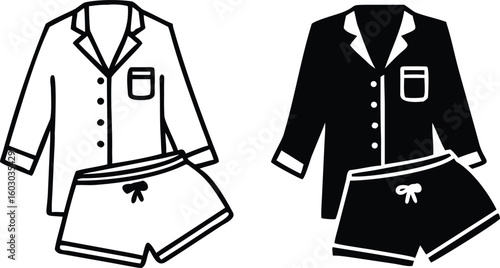 Pajama Icons. Black and White Vector Illustration. Nightgown and Shorts. Women's Underwear for Sleep. Fashion and Clothing Concept
