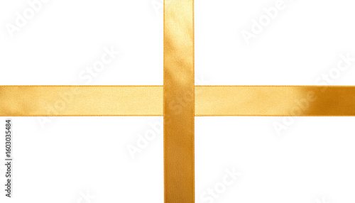 Cut out image of golden satin cross-stretch ribbons. Glossy silk yellow ribbons for holiday gift box isolated on transparent background.