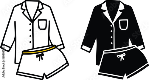Pajama Icons. Black and White Vector Illustration. Nightgown and Shorts. Women's Underwear for Sleep. Fashion and Clothing Concept