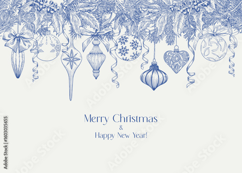 Vintage illustration Marry Christmas and happy new year with fir branches,toys, balls, bows, holly, mistletoe Blue beige. Hand drawn Vector background for design holiday decor, greeting card, poster