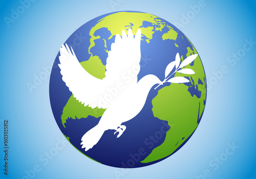 Paz mundial. Paloma blanca de la paz sobrevolando el planeta Tierra con una hoja de laurel en el pico