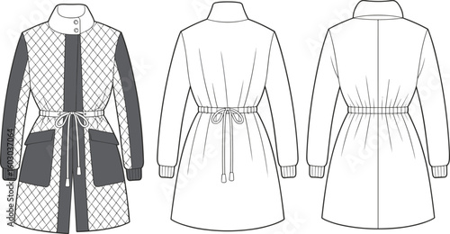 Quilted coat CAD drawing, flat vector fashion illustration with drawstring waist, contrast sleeves, front back alternate sleeve views