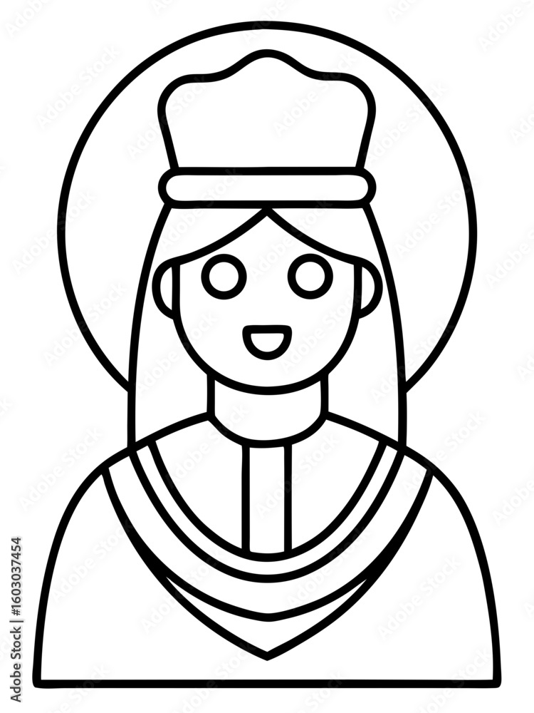 Line art illustration of a smiling saint wearing a crown on transparent background Line art illustration of a smiling saint wearing a crown on transparent background