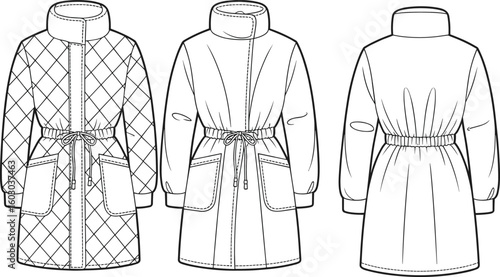 Quilted coat CAD drawing, flat vector fashion illustration with hood, drawstring waist, contrast sleeves, front side back outline views