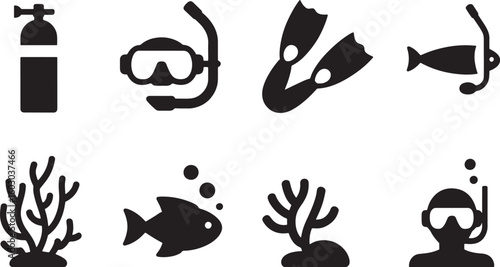 Underwater Diving Icons Set Vector Illustration Oxygen Tank, Mask, Flippers, Fish, Coral