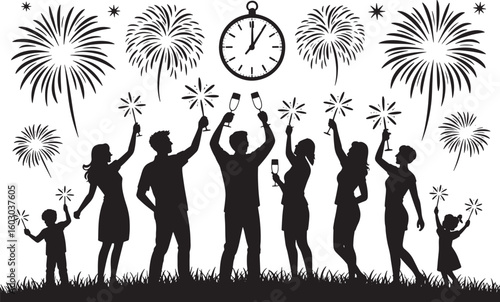 New Year's Eve Silhouette Vector Art Featuring People Celebrating on Transparent Backdrop