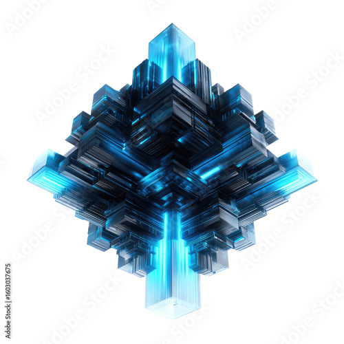 Abstract, complex, geometric structure.  Blue, glowing lines crisscross dark cubes.  3D,  technological