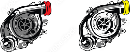 Illustration of a Turbocharger with Red and Yellow Highlights on a White Background