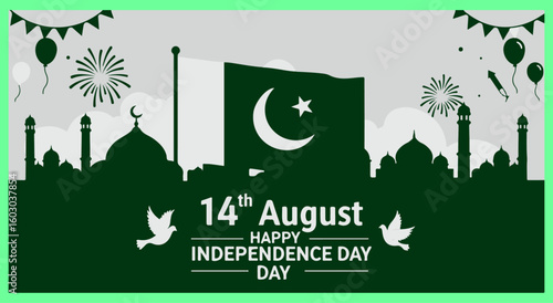 14th August Pakistan Independence Day banner, patriotic flag, national celebration graphic
