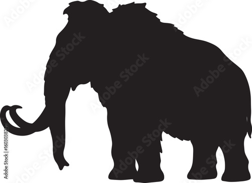 A detailed black silhouette of a woolly mammoth with large tusks, symbolizing ancient history, prehistoric life, and the Ice Age, perfect for educational or historical themed designs