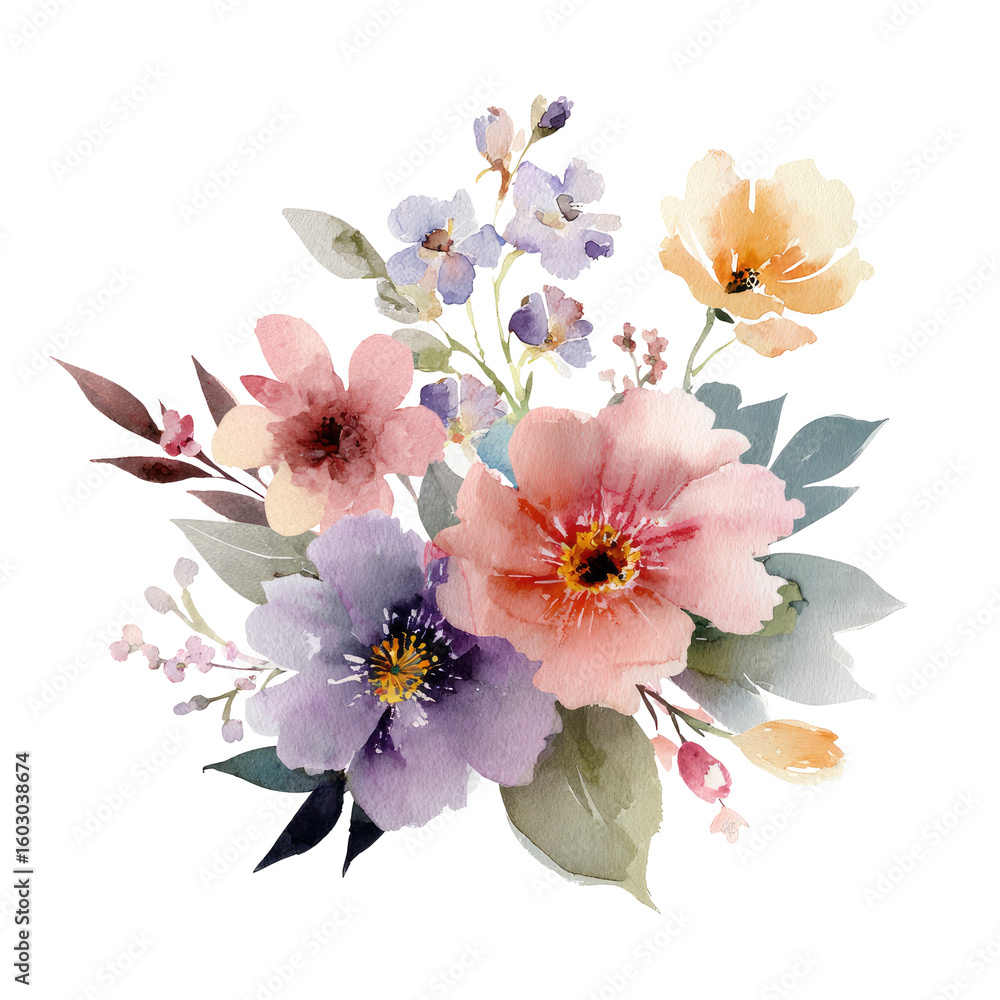 Fototapeta premium Watercolor bouquet of mixed flowers in soft pastel colors (1)