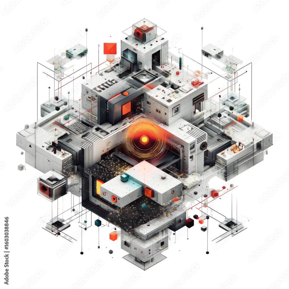 Fototapeta premium Abstract, geometric, 3D illustration of interconnected modules. Complex, intricate network of white, grey, and orange elements. A central orb of glowing orange