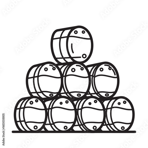 A vintage art illustration featuring a stack of wooden barrels arranged together suitable for concepts related to brewing and distillery
