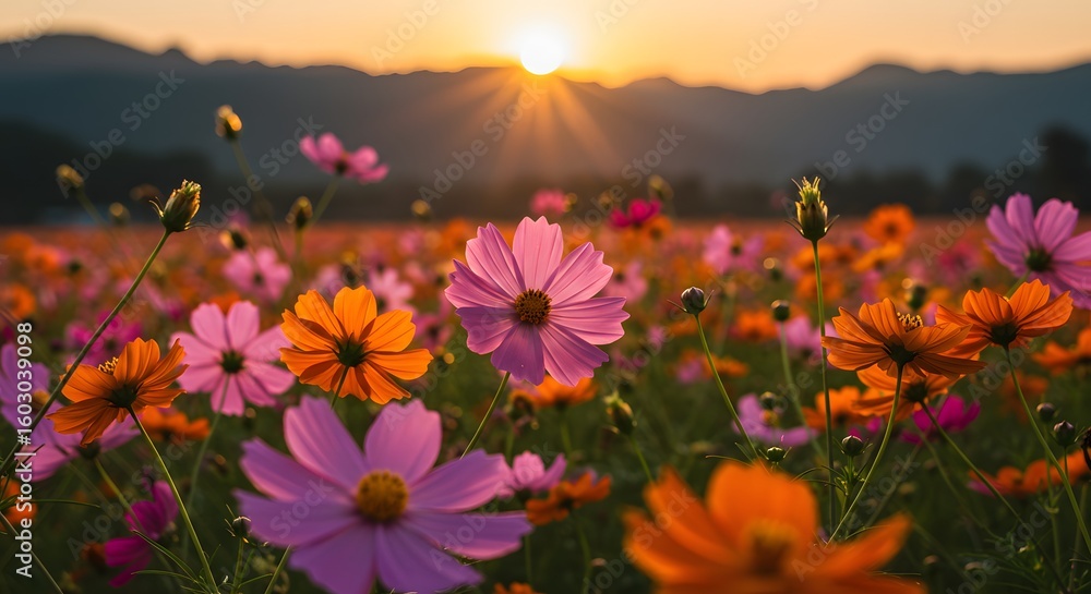 Fototapeta premium Cosmos Flowers at Sunset: Beautiful Floral Landscape