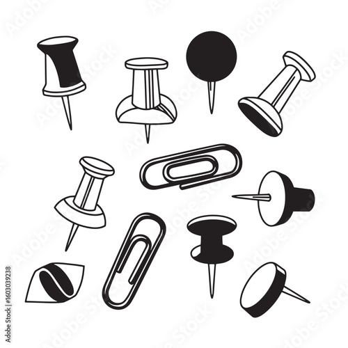 Assorted vintage art black and white illustrations of push pins paper clips and office supplies against a clean white background.