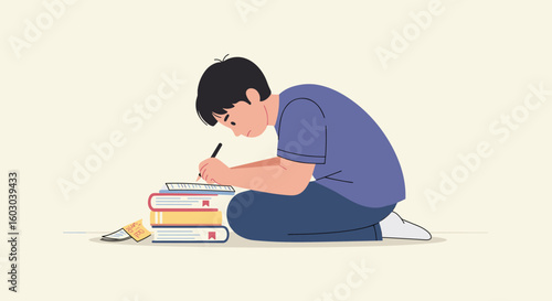 Young student studying diligently with books and notes in hand-drawn s