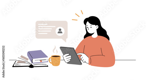 Woman reading tablet with books and coffee in minimalist workspace