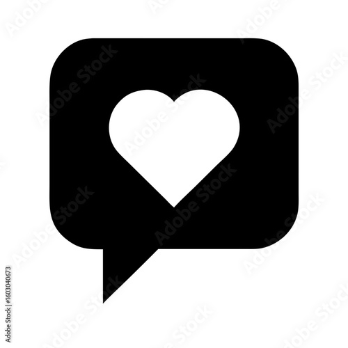 Black silhouette vector icon of a bold speech bubble with a cut-out heart shape inside, symbolizing communication, love, and messaging. Isolated on a transparent background