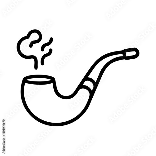 Minimalist black outline vector icon of a smoking pipe emitting vapor, symbolizing relaxation, leisure, and vintage style. Isolated on a transparent background