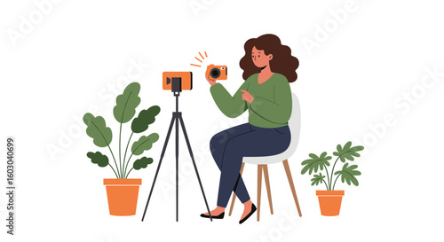 Young woman creating content with camera and plants in minimalist setu