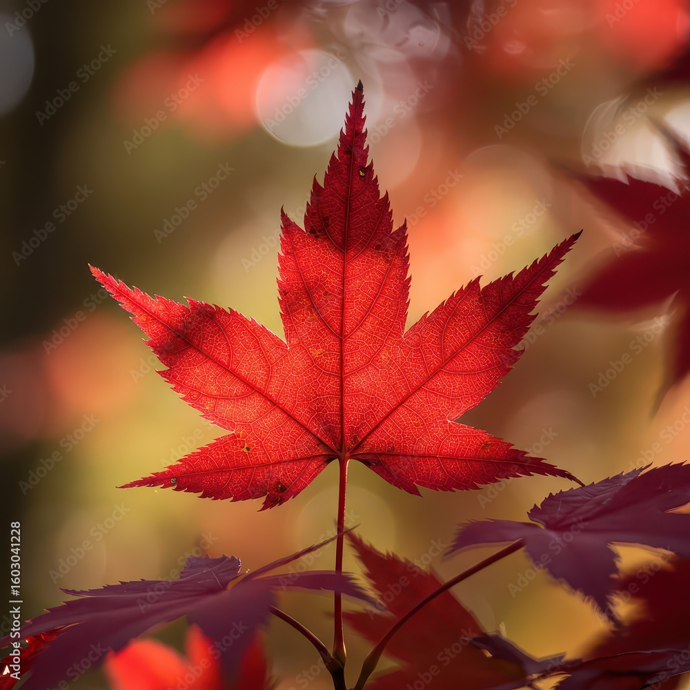 Bright red maple leaf glows in warm autumn light, capturing seasonal change and natural beauty with sharp detail. Bright red maple leaf glows in warm autumn light, capturing seasonal change and natural beauty with sharp detail.