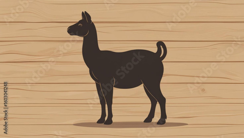  Black silhouette of a llama or alpaca on a rustic wood texture background