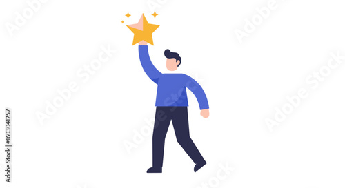 Man holding star symbolizing achievement and success in flat design