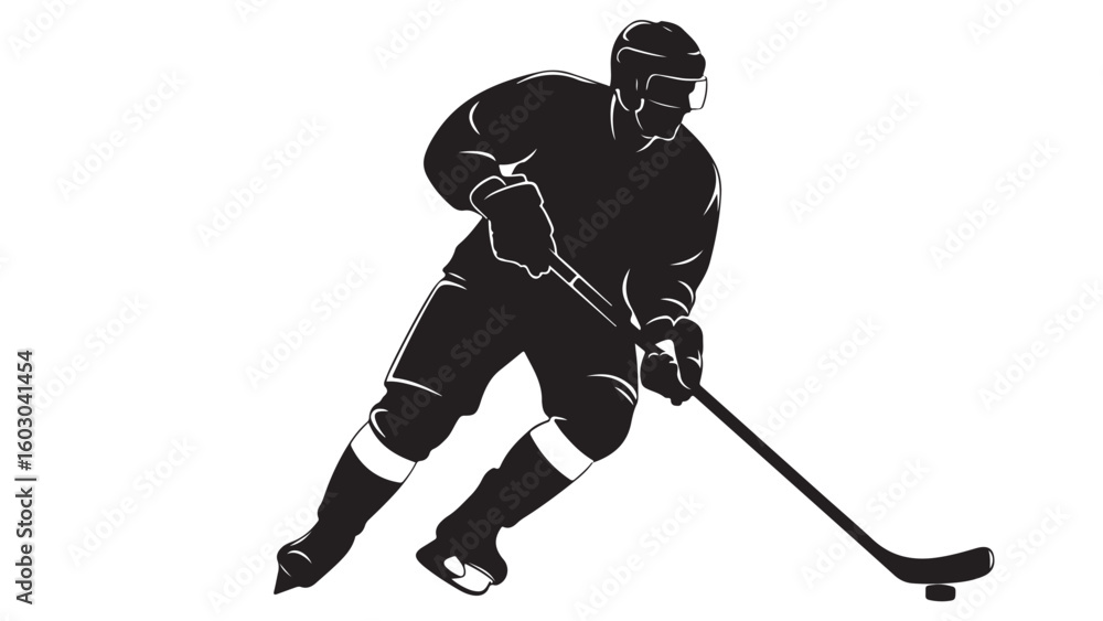 Fototapeta premium Ice Hockey Player Silhouette, Vector Illustration, Black and White Design