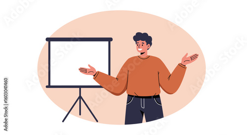Man giving presentation with flipchart in minimalistic flat design