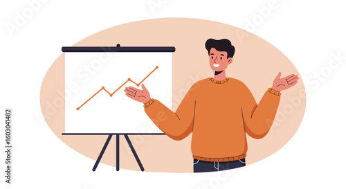 Business presentation with confident speaker analyzing growth chart