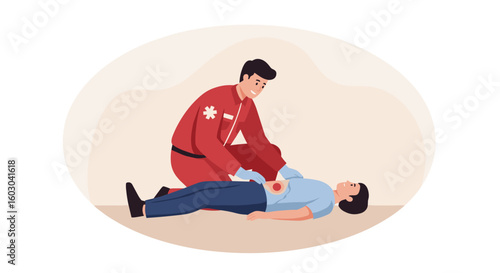 Emergency first aid scene: rescuer assisting injured person with cpr t