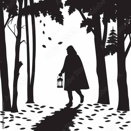 Silhouette of a hooded figure in forest with lantern