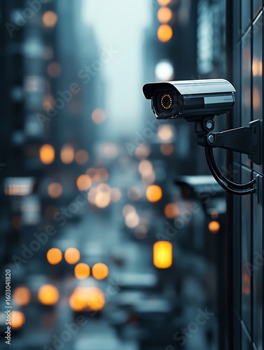 Surveillance camera on urban street capturing vibrant cityscape with bokeh lights.