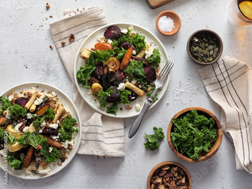 Top view healthy vegetarian dinner with root vegetables salad