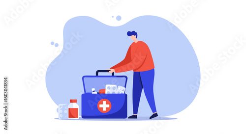 Healthcare emergency kit preparedness with first aid essentials in mod